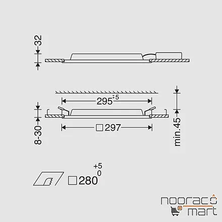 ابعادپنل توکار الگانس 21 وات 30x30 مازی نور
