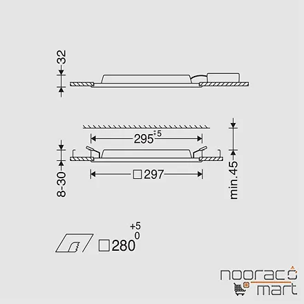 ابعاد چراغ توکار 24 وات اپتیلد(30x30) با ماژول برق مستقیم مازی نور