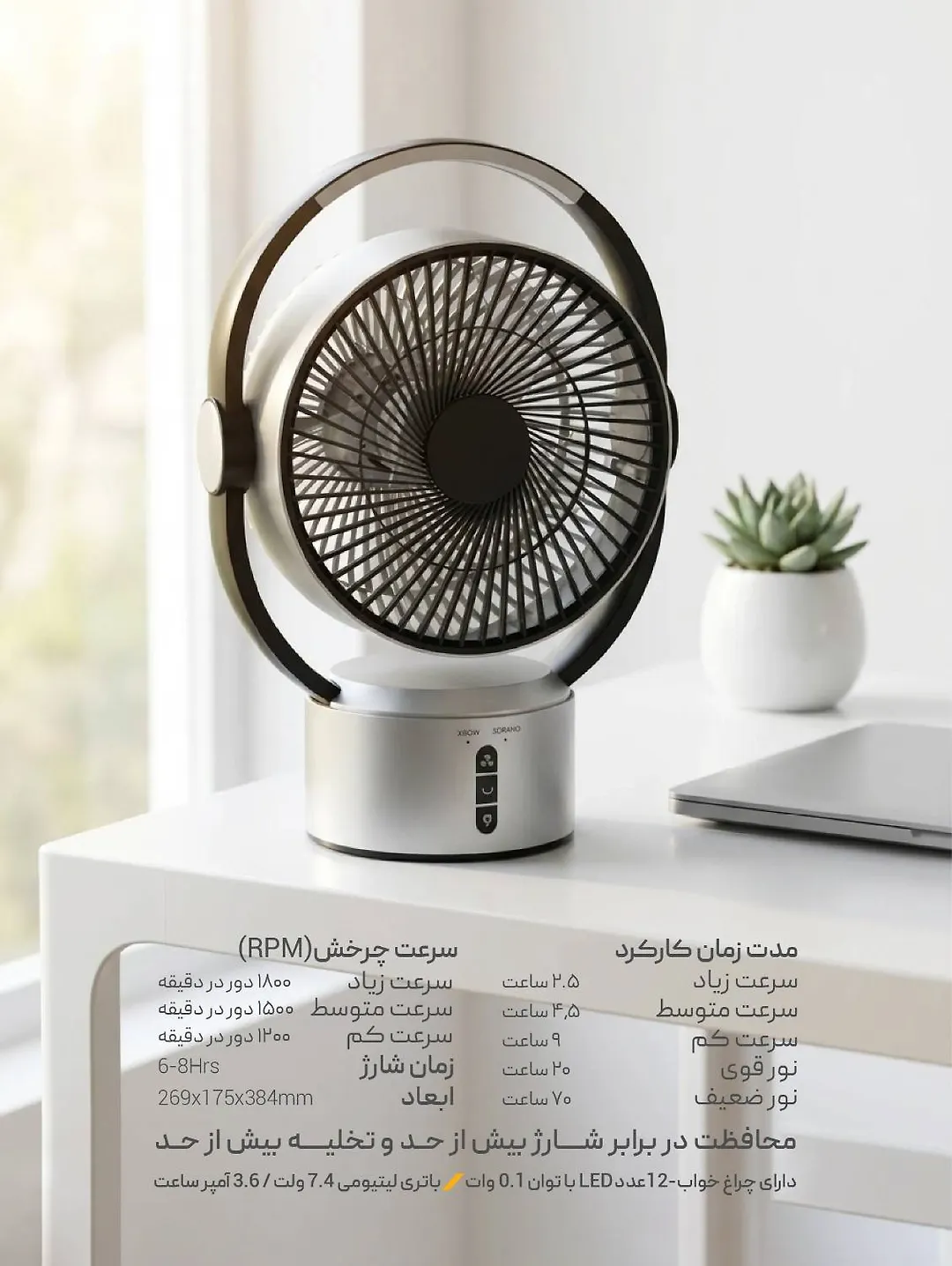 پنکه شارژی پرتابل همراه با چراغ SH-L2819 شعاع