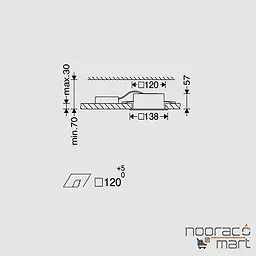 ابعاد چراغ توکار مربع آریانا 14 وات دهانه 12cm با دیفیوزر شیری ساتن مازی نور