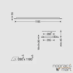 ابعاد چراغ توکار54 وات اپتیلد(30x120)برای سقف یکپارچه و سازه نمایان مازی نور